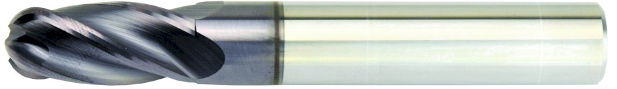 Karbidová monolitní fréza 12 mm. Univerzální . 4 břitá, drážka 30°, dlouhá, plný rádius a zuby do středu , rohový rádius , stopka h6, DIN6527, AlTiN,  UNI4R